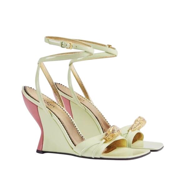 Gucci 37/ US 7 Two-Toned Dora Embellished Crystal Wedge Green Sandals NIB $1,250 - Picture 1 of 13